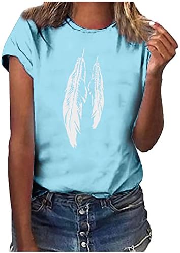 Женски маички модни пердуви за печатење врвови лабава обична маичка со кратки ракави летни смешни графички екипи блузи