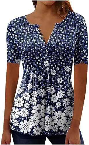 Врвовите на жените за големи стомаци, цветни печатени обични блузи, летни маички со кратки ракави со лето плетено копче