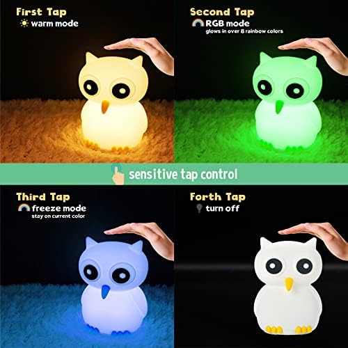 Twinkopat Owl ноќна светлина за деца, симпатична силиконска ламба за животни за дете за дете, преносен USB -полнење со 7 бои за промена на