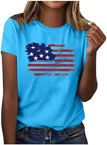 Lcepcy 4 -ти јули женски обичен американски знаме starвезда со кратки ракави со кратки ракави патриотски кошули