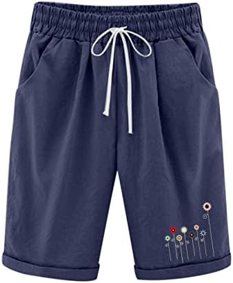 DBYLXMN Womenените летни високи половини памучни постелнини печати панталони плус големина шорцеви лакирање на тренингот на плажа џеб пет