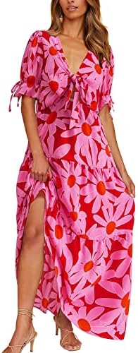 Жени 2023 Летен Секојдневен Фустан Цветен Принт V Врат Краток Ракав Висок Струк Миди Хаваи Фустани На Плажа