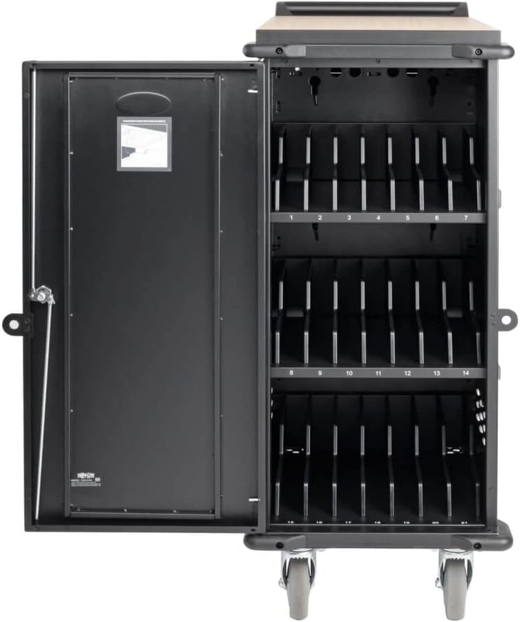 Трип Лајт 21-порта за складирање на колички за мобилни телефони за Chromebooks, iPads, лаптопи, таблети, црна боја