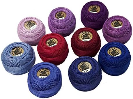 VOG © PERLE памук со големина 8 Теми за везови - Сет од 10 топки - Виолетова Бордо и сини нијанси