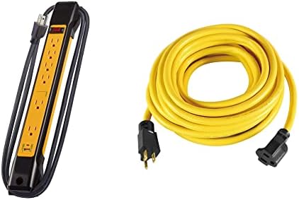 Аполо жица и кабел, лента за напојување, жолта, 6ft 14/3 SJT, 1 USB порта - 5V, 2.4A, 6 заземјни места плус 25ft тешки кабел за продолжување