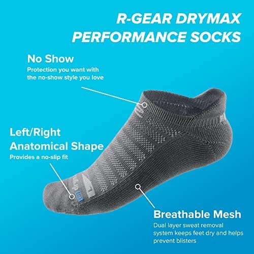 R-Gear Drymax Нема шоу чорапи за трчање за мажи и жени, лесна перница | Дишење, контрола на влага и анти -блистер | XL, сива, 3 пакет