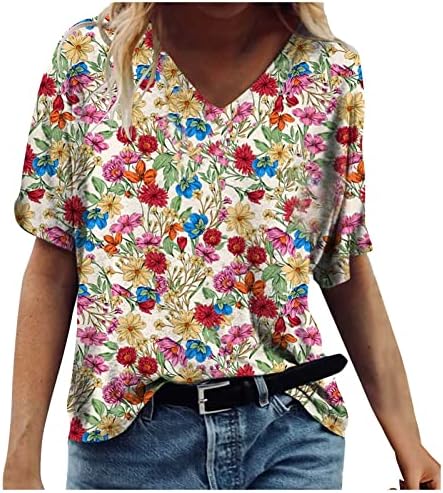Летни маички со вратот за жени за жени со кратки ракави кошули мода печатена маичка блуза Обични маички врвови