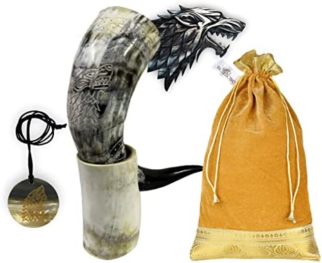 Ментим Викинг пиење рог + Викинг рог кригла игра на тронови | Куќа на змеј | Бафало рог | Заврши за природен сјај | Торба за подароци
