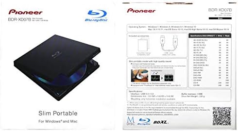 Produplicator Pioneer BDR-XD07B Преносен 6x Blu-ray Burner Надворешен погон пакет со 50 GB M-DISC BD-R DL и USB кабел-Burns CD DVD BD DL BDXL