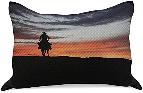 Ambesonne Western Pleated Quilt Pemowcover, каубојска силуета на коњ на зајдисонце, стандарден капак за перница со големина на кралицата за