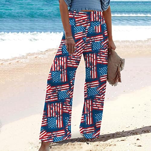 Постелни панталони со широки нозе на 4 -ти јули за жени со знаме на САД, еластично руширани панталони со широки нозе со џебови со џебови