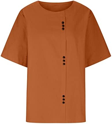 Women'sенски врвови памучни постелнини со кратки ракави маички лето цврсто копче надолу по е -екипаж, чиста тунична блуза плус