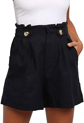 Women'sенски високи половини за работа со шорцеви предни копчиња Обични лабави фит -шорцеви со џебови права нога Бермуда дното