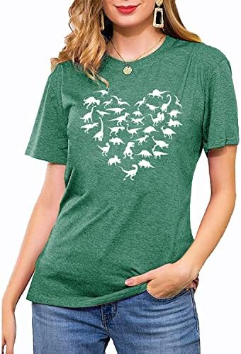 Ajенска женска симпатична кошула со диносаурус лето лабава обична маица со кратки ракави графички печатени врвови