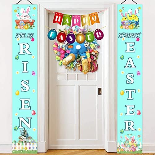 Среќен знак на велигденски тремот, велигденска декорација пролетна тема што виси банер Велигденски јајца зајаче празници за празници украси