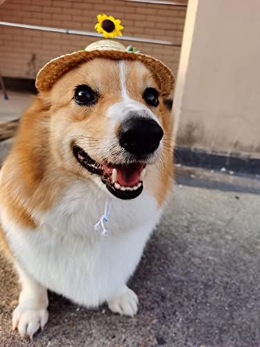 Hdkuw кучиња капи, лето куче Сомбреро капа мексиканска слама капа од сончоглед прилагодливи мачки капи за мачки за кучиња