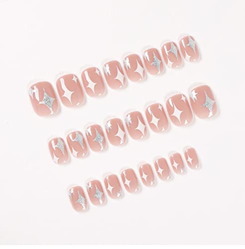 ЗИЗМХ Слатки Кратки Лажни Нокти Притиснете На Ѕвезда Розова Нокти Со Каваи Дизајн Совети За Нокти Целосна Покривка Нокти Совети
