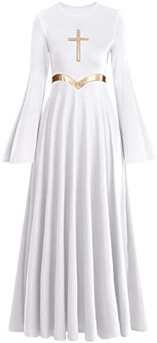 Paotit Women Metal Color Block Cross Liturgical пофалби танцувачки фустан, разгорен ракав со долг ракав модерна лирска фустан црковна