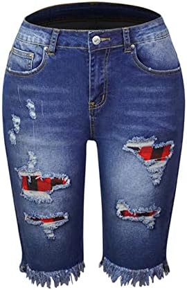 Ekeеке-ДГ жени тексас полите шорцеви фармерки со високи половини искинаа дупка потресена кратка фармерки на коленото должина на денот на тексас џин