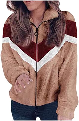 Womenенски 2022 година Зимска нејасна руно јакна со качулка во боја на бои за крпеница кардиган со облоги со џебови со џебови
