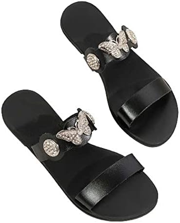 Womenените peиркаат пети со рамни слајдови плус големина лето обична удобност лизгачка мода за декорација на пеперутка плажа на плажа на чевли