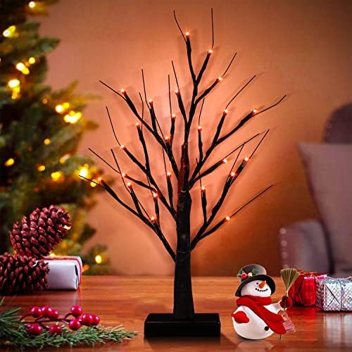 Божиќни украси на Хигахи затворени, 24 топли LED светла црна бреза дрво дома, 2ft зимска батерија или дрвја на тајмер за напојување