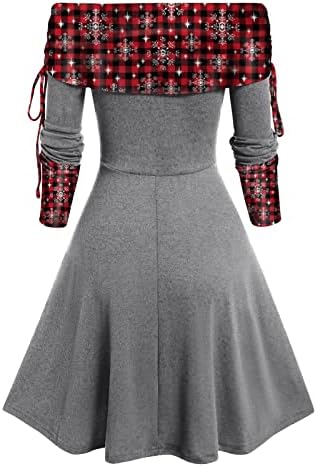 Lcziwo Women Christmas Brighison Printed Tirt Mairt Bask Off рамо со долги ракави за одмор, фустан, Флеј, лепенка, обичен фустан