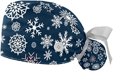 Медицински капачиња за жени со копчиња долга коса, 2 парчиња прилагодливо работно капаче, снегулка зимска сина боја