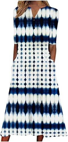 Лциво Женски Летен Цветен Фустан Копче V Вратот Кратки Ракави Печатени Секојдневни Фустани За Жени Модни Џебови Фустан