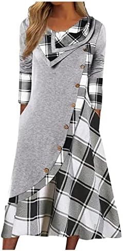 Обични фустани на женски Nokmopo модни карирани зашиени џебови на џебови вратот со долг ракав фустан