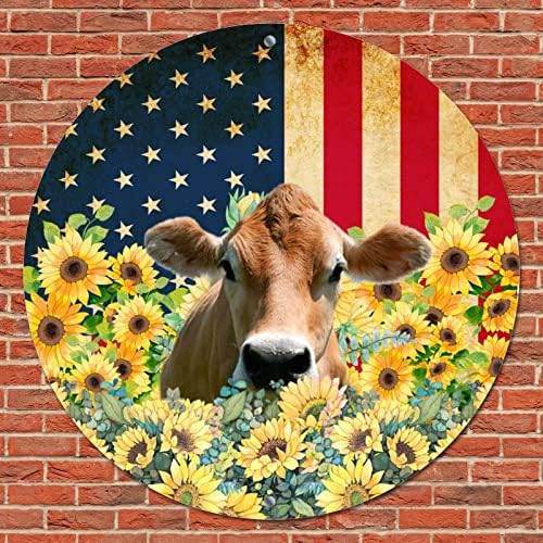 Гроздобер метален калај знак изморено знаме на САД и смешни фарми животни кравјо сончогледи ретро просторија врата знак плакета исушен венец