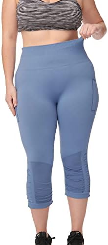 Под контрола плус големина хеланки на капри за жени со џебна стомачна контрола со висока половината јога панталони тренингот за пантолони