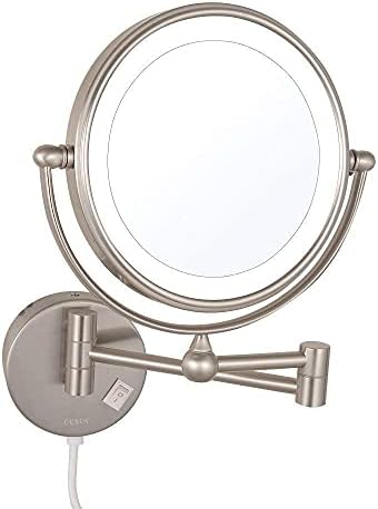 Огледала за шминка RFXCOM Wallид монтиран, месинг за бања осветлена зголемена преклопување што може да се прошири на суетата со светла