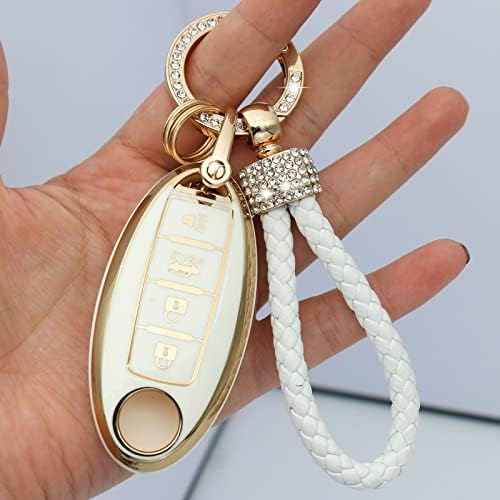 Wonys for Nissan Key FOB Cover 4 копчиња TPU Заштита на автомобили Клучни куќишта со модна златна лента за клучеви за клучеви, компатибилен