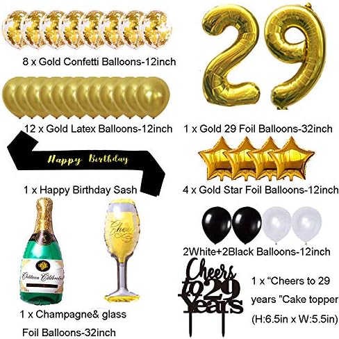 Злато 29-Ти роденден Украси комплет, Навива за 29 Години Банер Балони, 29-ти Торта Врвот Роденден Појас, Злато Ламба Фолија Раб Завеси,