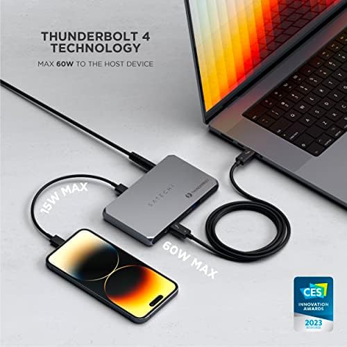 Satechi Thunderbolt 4 Тенок Центар 5-во-1, USB C 60W Полнење, Еден 8k или Двојна 4k Дисплеј, 4 Thunderbolt 4 Порти, USB 3.2 Gen2-Компатибилен