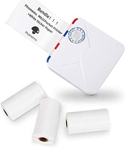 Темски печатач Phomemo M02S- 300DPI Mini Bluetooth Термички печатач со 3 ролни бела налепница, компатибилен со iOS + Android за помош за учење,
