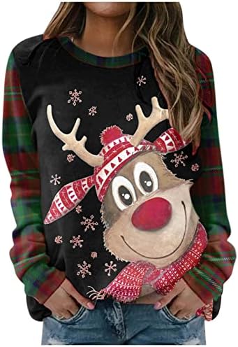Божиќна симпатична маица за ирваси за жени шарени долги ракави пулвер врвови мода печатена екипаж вратот Туника маици кошула