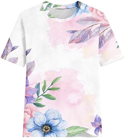 Женска симпатична цветна печатена графика маичка пролетна летна вратоврска боја, врвови за кратки ракави на вратот, кратки ракави, врвови