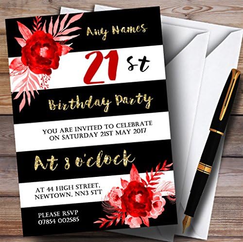 Црно бело шарено злато црвен цвет 21 -ви персонализирани покани за роденденска забава