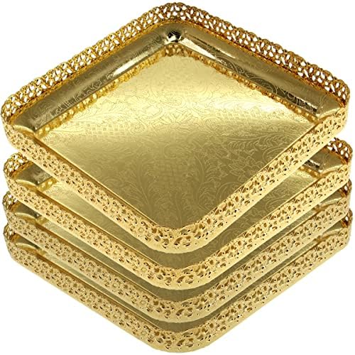 MARO MEGASTORE 9,1 инчи x 9 инчи квадратни железо злато позлатено сервирање на послужавник со огледало цветно врежано раб декоративна