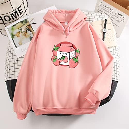 Mejotaus Симпатична јагода млеко дуксе за жени Каваи облека јапонски пастелни розови џемпери преголеми џемпери за тинејџери