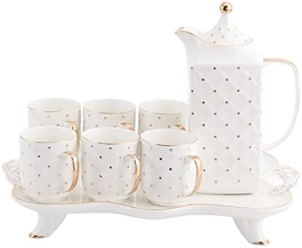 MJWDP 8 парчиња бел порцелан кафе чај сет со златни точки керамички чајник за складирање сад кујнски садови за кујнски производи