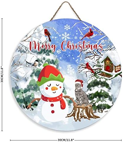 Среќен Божиќ Дрвен добредојде знак рустикален зимски снег црвена птица мачка снежна врата знак сезонски дрвени венци wallидови, закачалка фарма