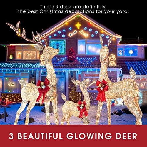 4,6ft надворешни осветлени Божиќни украси елен семејство, 3-парчиња осветлени божиќни ирваси со bellвончиња, украси на отворено за