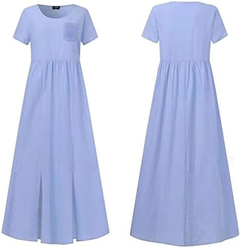 Женски памучен постелнина фустан лето кратки ракави екипаж макси фустани обичен цврст фустан во боја моден долг фустан