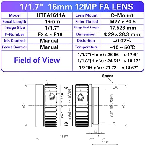 12МП 25мм 1/1, 7 Фиксен Фокус леќи f/2.4 Ц Монтирање Машина Визија Висока Резолуција Индустриска Камера Прирачник Lris Леќи