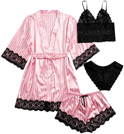 Women'sенски 4 парчиња облека за облека за спиење на облека за леќички PJs со шорцеви и сатенска ноќен наметка за цветна печатење ноќно