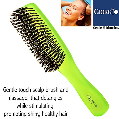 Giorgio Gion1g Neon Green 7,75 инчи нежен допир Detangler четка за коса за мажи жени. Меки влакна за чувствителна скалп. Влажно и суво за сите