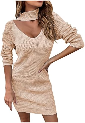 Midенски фустан од миди џемпер 2022 обичен моден цврст фустан со долг ракав плетен џемпер фустан плетени фустани